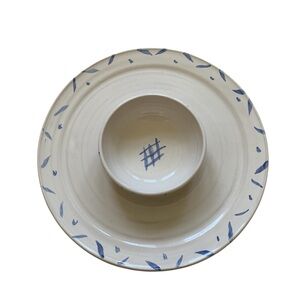 STUDIO POTTERY | Gorgeous Artist Signed Pottery Chip and Dip Platter Cream/Blue